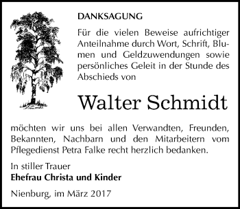Traueranzeige von Walter Schmidt von Mitteldeutsche Zeitung Bernburg