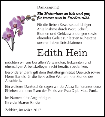 Traueranzeige von Edith Hein von WVG - Wochenspiegel Dessau / Köthen