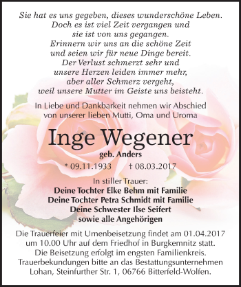 Traueranzeige von Inge Wegener von Mitteldeutsche Zeitung Bitterfeld