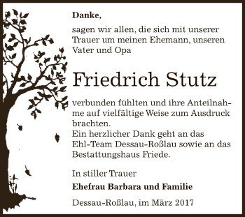 Traueranzeige von Friedrich Stutz von WVG - Wochenspiegel Dessau / Köthen