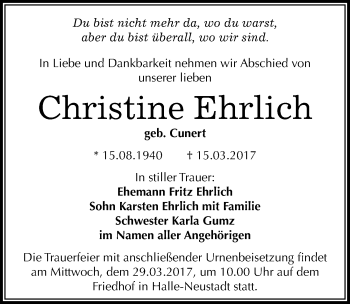 Traueranzeige von Christine Ehrlich von Mitteldeutsche Zeitung Halle/Saalkreis