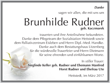 Traueranzeige von Brunhilde Rudner von Mitteldeutsche Zeitung Mansfelder Land