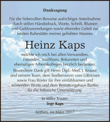 Traueranzeige von Heinz Kaps von WVG - Wochenspiegel Dessau / Köthen
