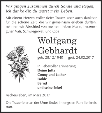 Traueranzeige von Wolfgang Gebhardt von Super Sonntag SGH Mansf. Land