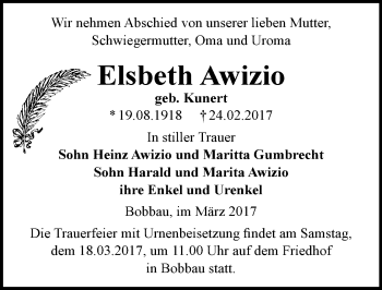 Traueranzeige von Elsbeth Awizio von Mitteldeutsche Zeitung Bitterfeld