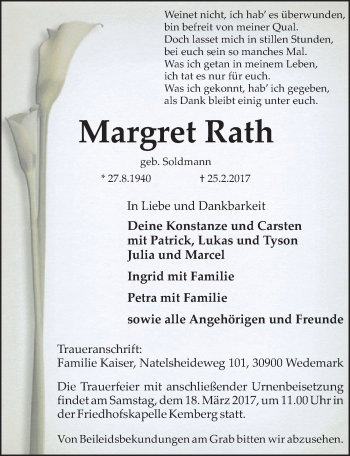 Traueranzeige von Margret Rath von Mitteldeutsche Zeitung Wittenberg
