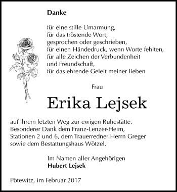 Traueranzeige von Erika  Lejsek von Mitteldeutsche Zeitung Zeitz