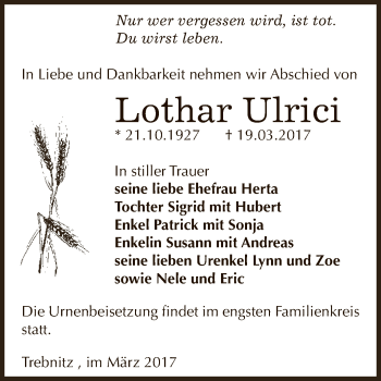 Traueranzeige von Lothar Ulrici von Super Sonntag Zeitz