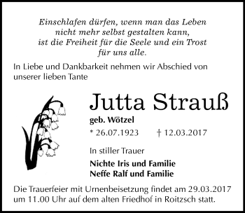 Traueranzeige von Jutta Strauß von Mitteldeutsche Zeitung Bitterfeld