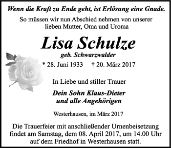 Traueranzeige von Lisa Schulze von Mitteldeutsche Zeitung Quedlinburg