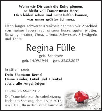 Traueranzeige von Regina Fülle von Mitteldeutsche Zeitung Weißenfels