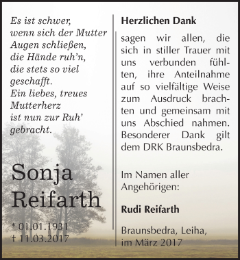 Traueranzeige von Sonja Reifarth von Mitteldeutsche Zeitung Merseburg/Querfurt