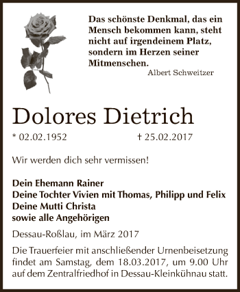 Traueranzeige von Dolores Dietrich von WVG - Wochenspiegel Dessau / Köthen