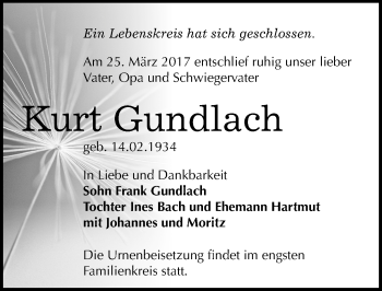 Traueranzeige von Kurt Gundlach von Mitteldeutsche Zeitung Halle/Saalkreis