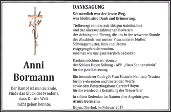 Traueranzeige von Anni Bormann von Super Sonntag SGH Mansf. Land