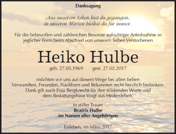 Traueranzeige von Heiko Hulbe von Mitteldeutsche Zeitung Mansfelder Land