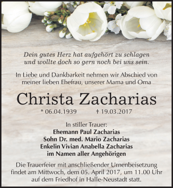 Traueranzeige von Christa Zacharias von Mitteldeutsche Zeitung Halle/Saalkreis