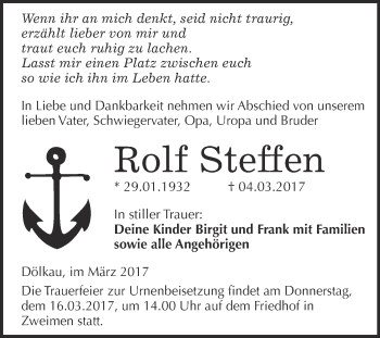 Traueranzeige von Rolf Steffen von Super Sonntag Halle