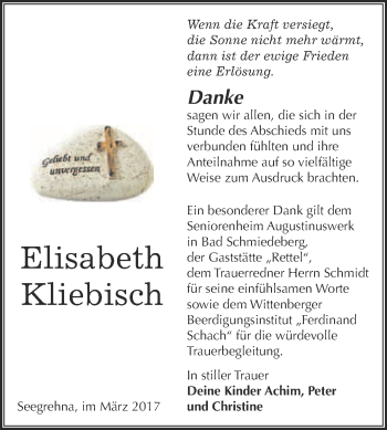 Traueranzeige von Elisabeth Kliebisch von Super Sonntag Wittenberg
