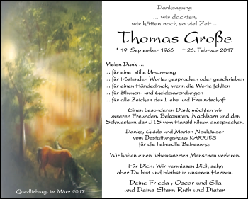 Traueranzeige von Thomas Große von Super Sonntag Quedlinburg