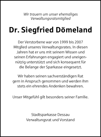 Traueranzeige von Siegfried Dömeland von Mitteldeutsche Zeitung Dessau-Roßlau