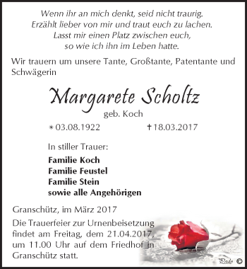 Traueranzeige von Margarete Scholtz von Mitteldeutsche Zeitung Weißenfels