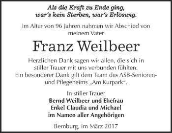 Traueranzeige von Franz Weilbeer von Super Sonntag Bernburg