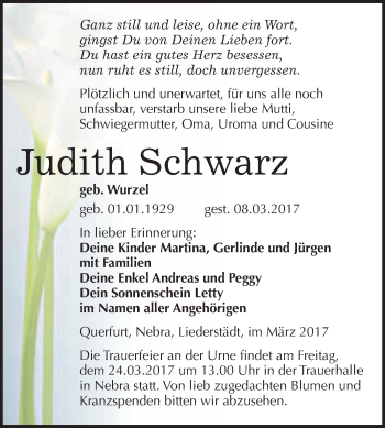 Traueranzeige von Judith Schwarz von Super Sonntag Halle