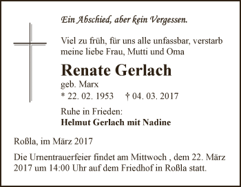 Traueranzeige von Renate Gerlach von Super Sonntag SGH Mansf. Land