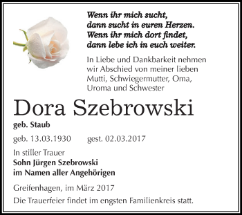 Traueranzeige von Dora Szebrowski von Super Sonntag SGH Mansf. Land