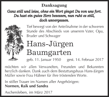 Traueranzeige von Hans-Jürgen Baumgarten von Super Sonntag SGH Mansf. Land