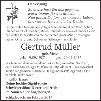 Traueranzeige von Gertrud Müller von Super Sonntag Halle
