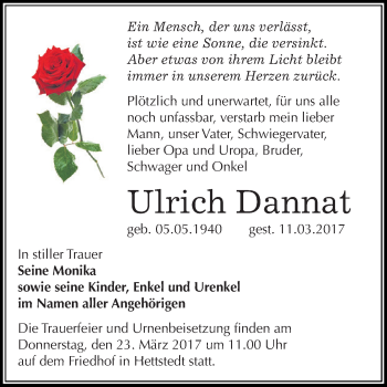 Traueranzeige von Ulrich Dannat von Super Sonntag SGH Mansf. Land
