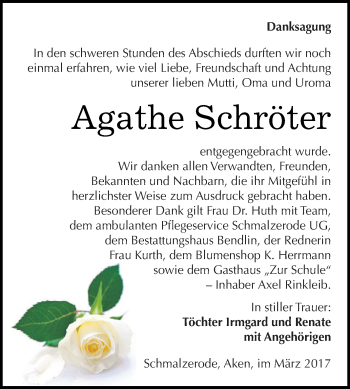 Traueranzeige von Agathe Schröter von Super Sonntag SGH Mansf. Land