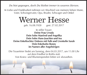 Traueranzeige von Werner Hesse von Mitteldeutsche Zeitung Sangerhausen
