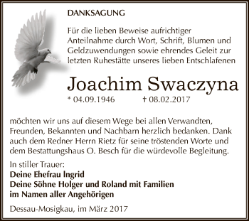 Traueranzeige von Joachim Swaczyna von WVG - Wochenspiegel Dessau / Köthen