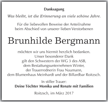 Traueranzeige von Brunhilde Bergmann von WVG - Wochenspiegel Bitterfeld