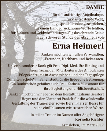 Traueranzeige von Erna Heimerl von Super Sonntag Quedlinburg