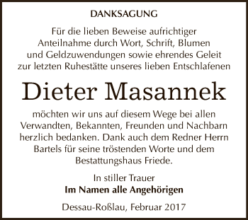 Traueranzeige von Dieter Masannek von WVG - Wochenspiegel Dessau / Köthen