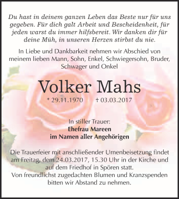 Traueranzeige von Volker Mahs von WVG - Wochenspiegel Bitterfeld