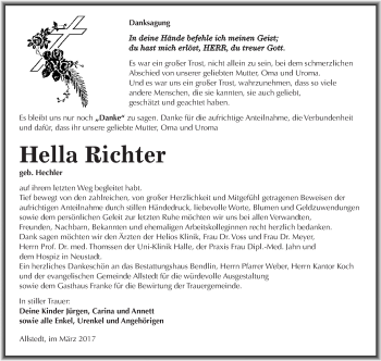 Traueranzeige von Hella Richter von Super Sonntag SGH Mansf. Land