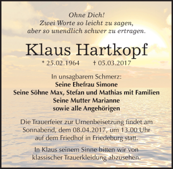 Traueranzeige von Klaus Hartkopf von Mitteldeutsche Zeitung Mansfelder Land
