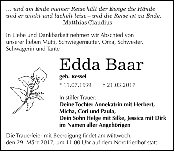 Traueranzeige von Edda Baar von Mitteldeutsche Zeitung Halle/Saalkreis