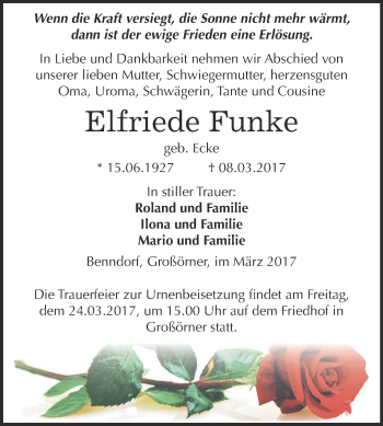 Traueranzeige von Elfriede Funke von Super Sonntag SGH Mansf. Land