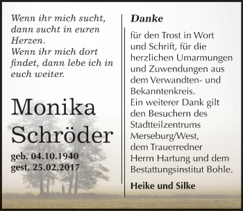 Traueranzeige von Monika Schröder von Mitteldeutsche Zeitung Merseburg/Querfurt