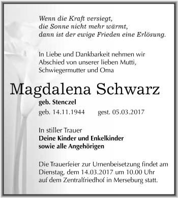 Traueranzeige von Magdalena Schwarz von Super Sonntag Halle