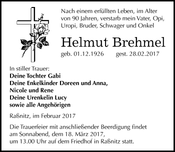 Traueranzeige von Helmut Brehmel von Mitteldeutsche Zeitung Merseburg/Querfurt