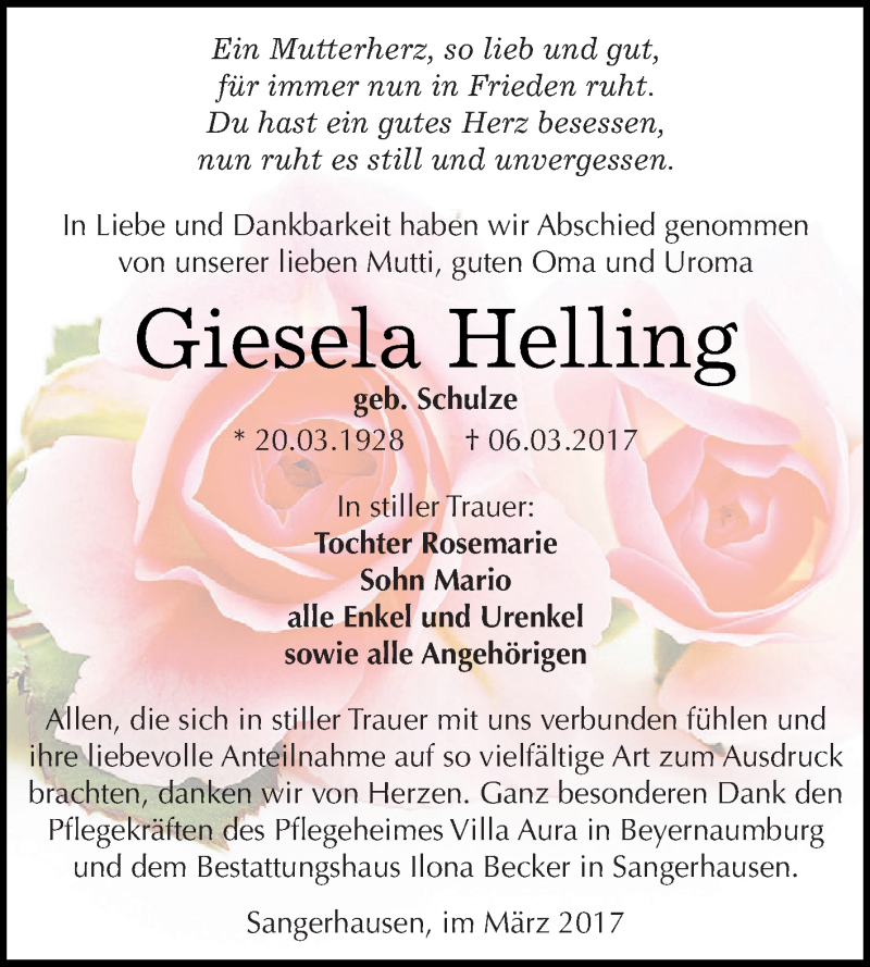  Traueranzeige für Giesela Helling vom 25.03.2017 aus Super Sonntag SGH Mansf. Land