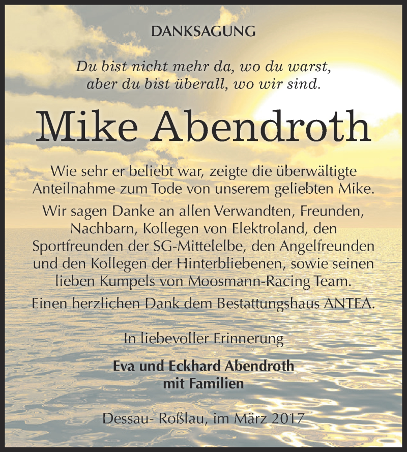  Traueranzeige für Mike Abendroth vom 25.03.2017 aus WVG - Wochenspiegel Dessau / Köthen