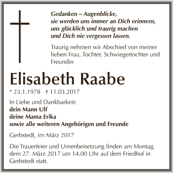 Traueranzeige von Elisabeth Raabe von Super Sonntag SGH Mansf. Land